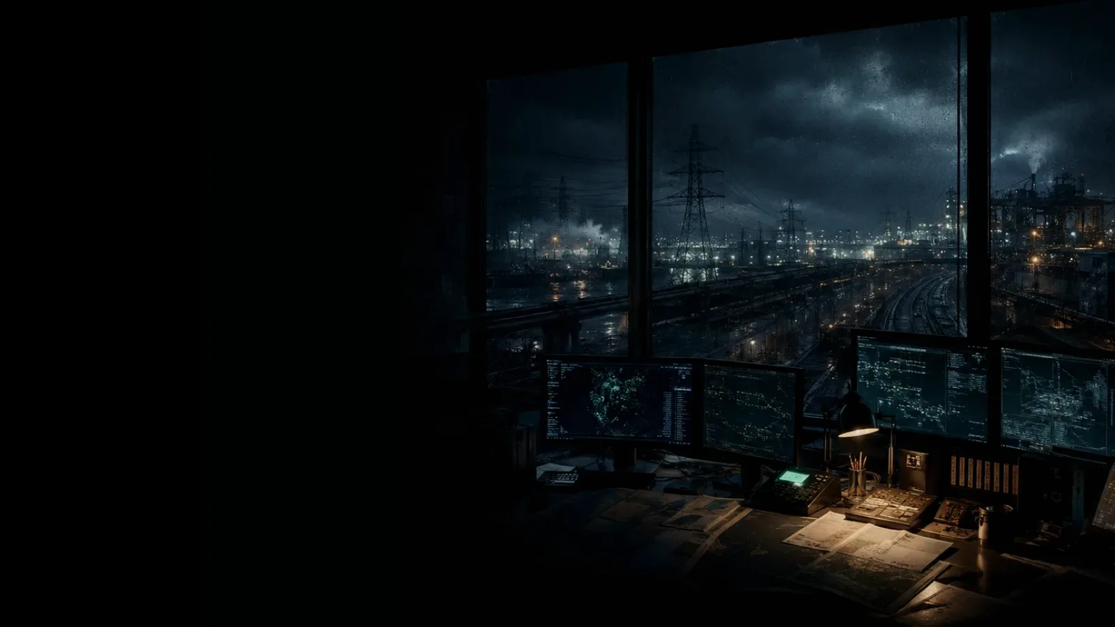 Train Cab Display subtopic background showing critical infrastructure map, cables, terminals and pressure in a dark operations room