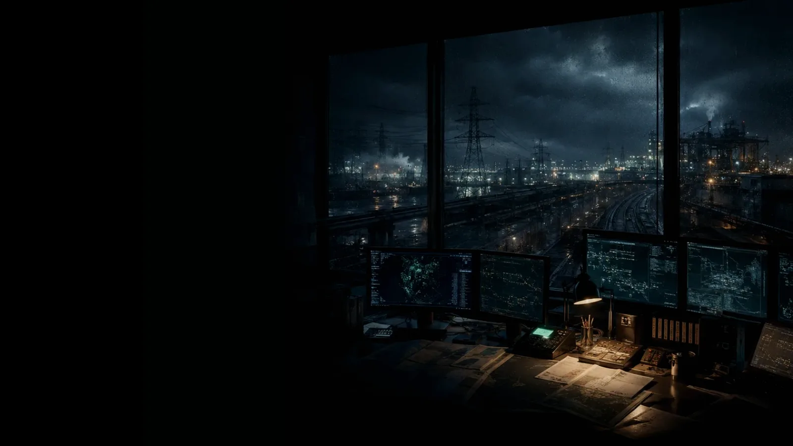 Train Headcode subtopic background showing critical infrastructure map, cables, terminals and pressure in a dark operations room
