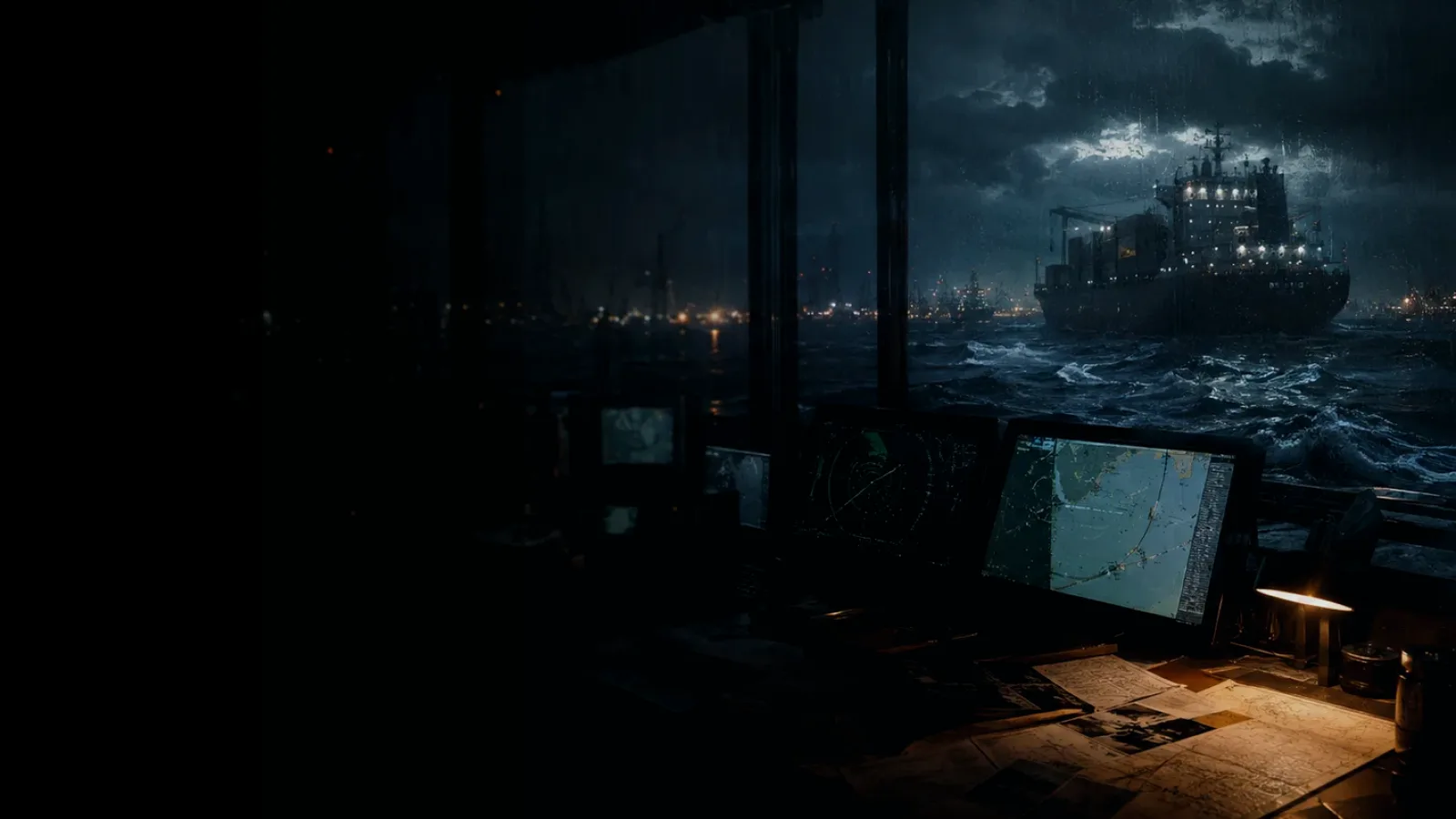 Azimuthing Thruster subtopic background showing container ship and harbour operations under storm light with evidence-board tension