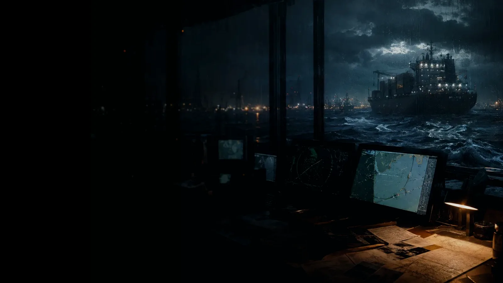 Bow Thruster subtopic background showing container ship and harbour operations under storm light with evidence-board tension
