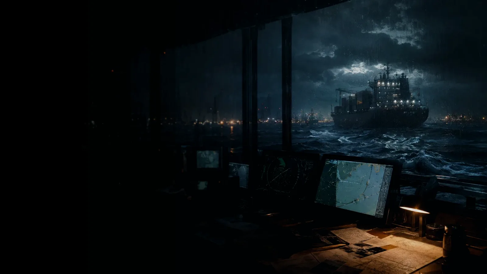 Chief Officer subtopic background showing container ship and harbour operations under storm light with evidence-board tension