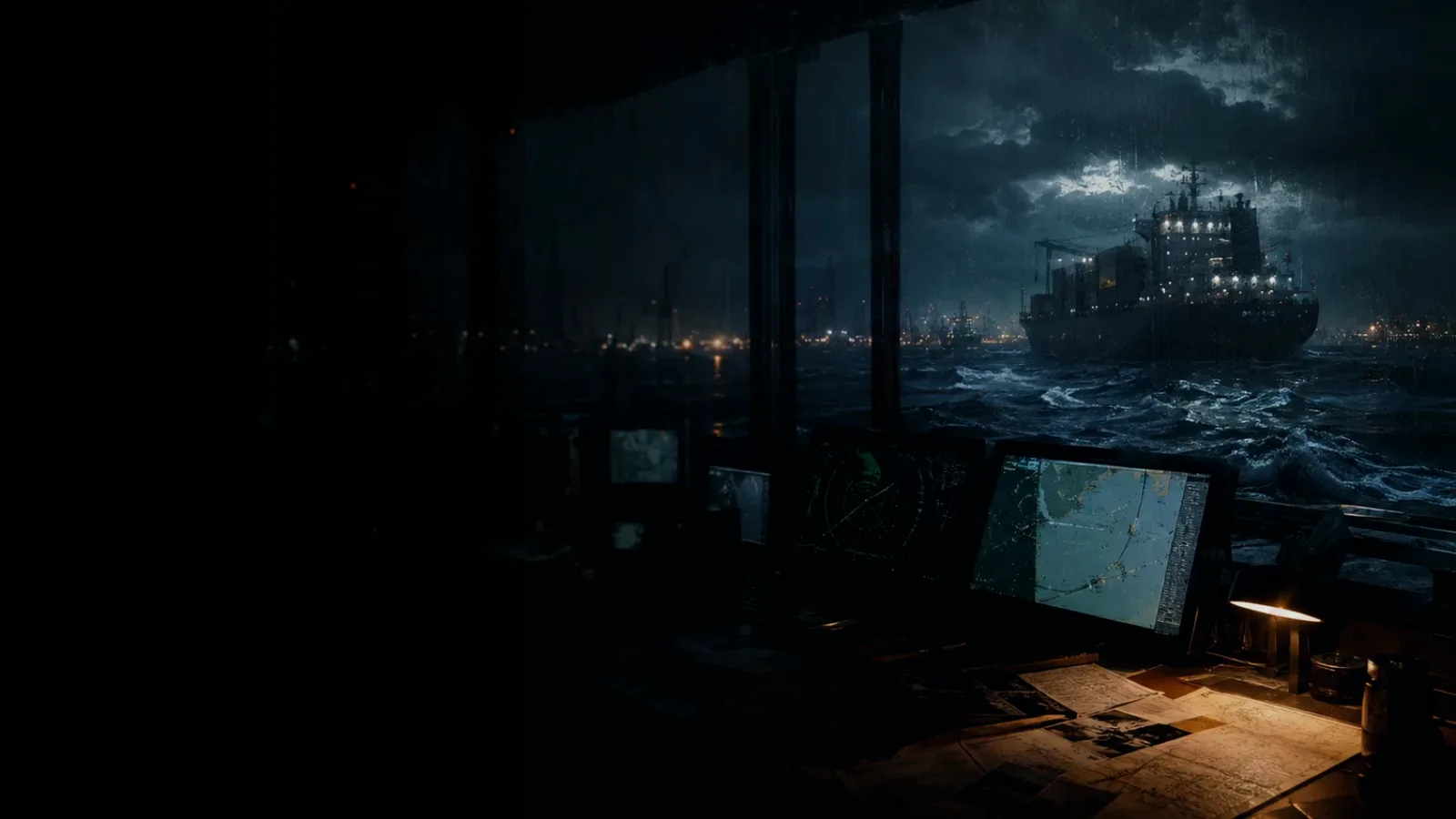 General Alarm subtopic background showing container ship and harbour operations under storm light with evidence-board tension