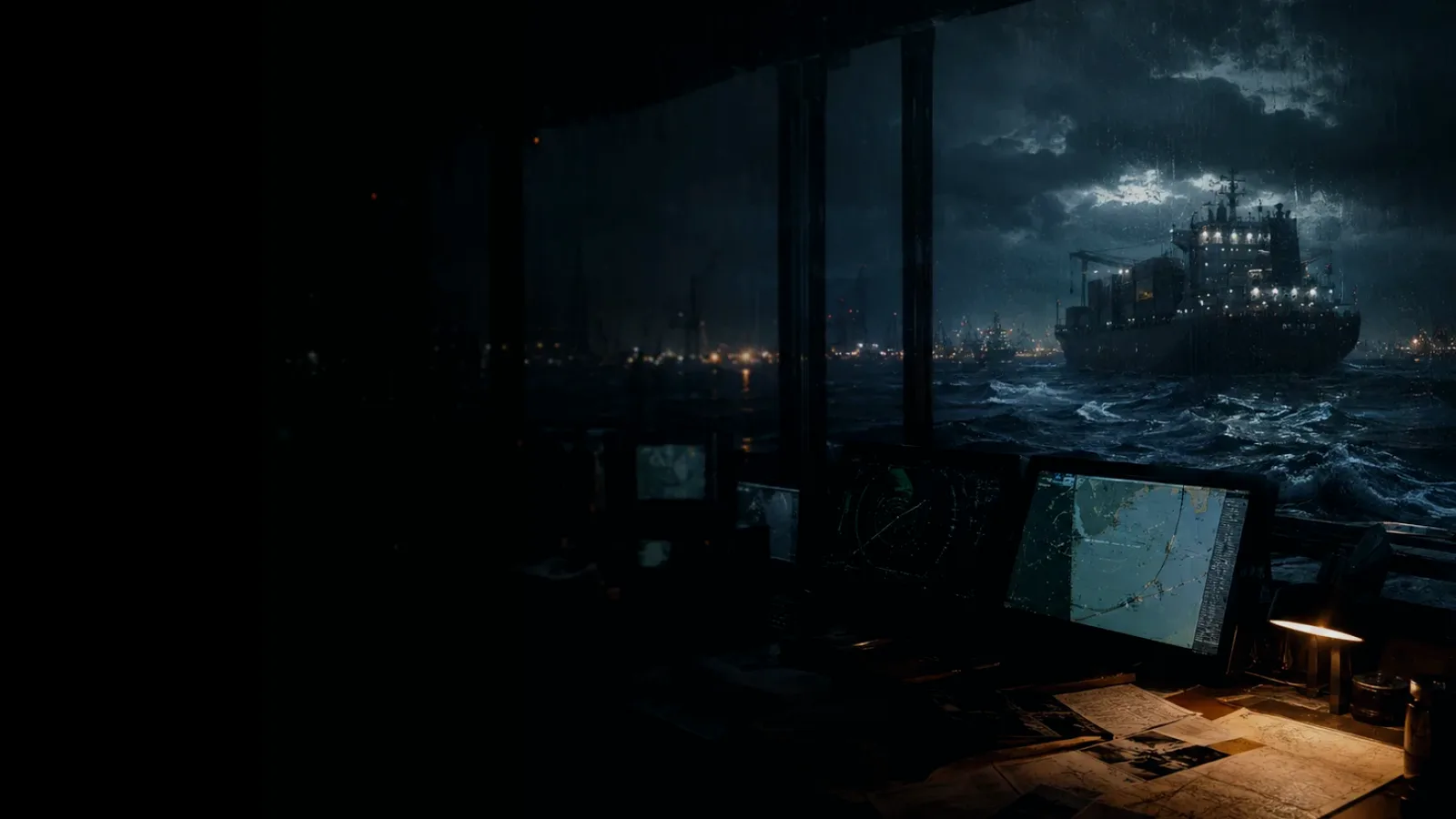 Helmsman subtopic background showing container ship and harbour operations under storm light with evidence-board tension