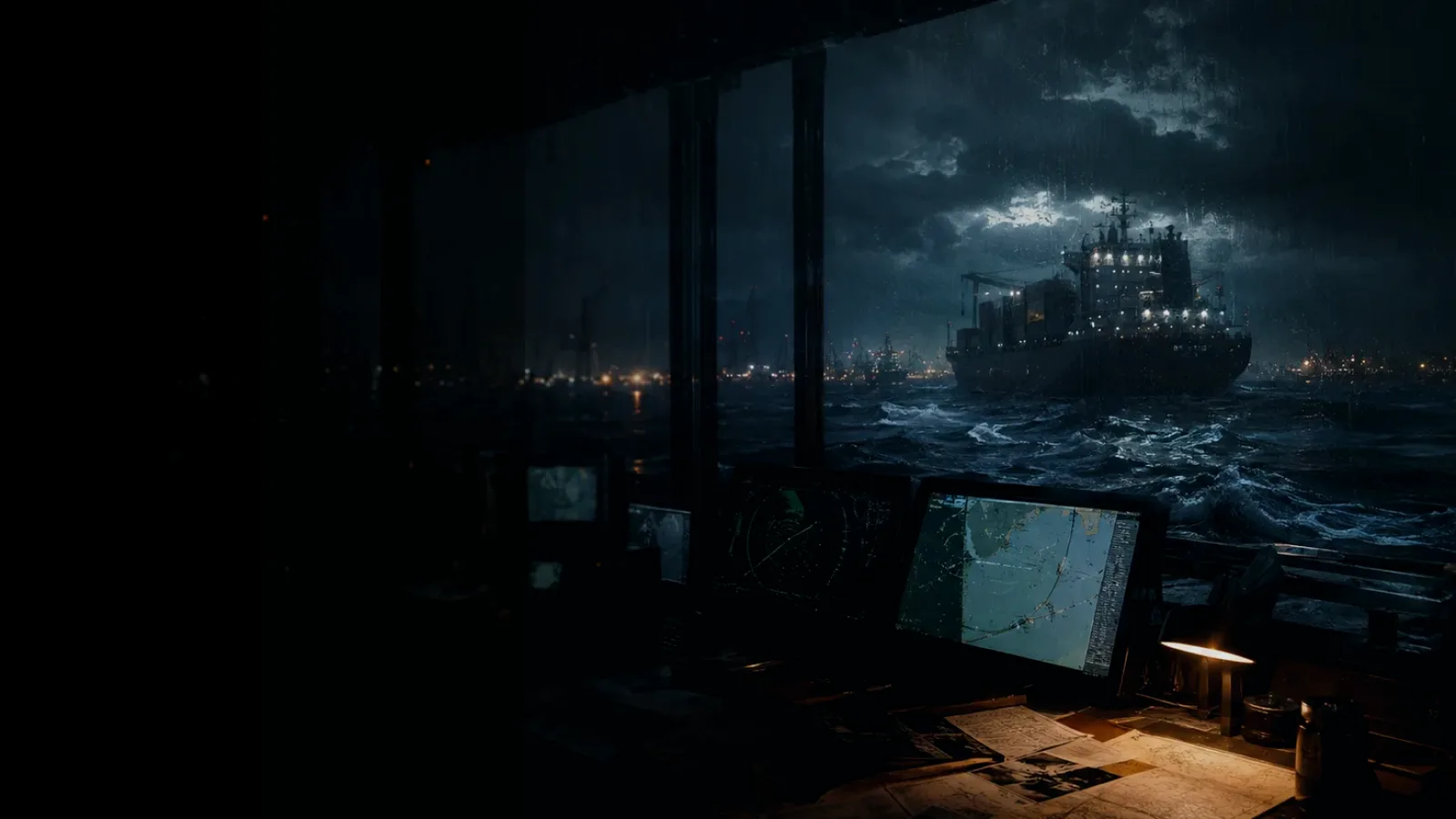Local Machinery Control subtopic background showing container ship and harbour operations under storm light with evidence-board tension