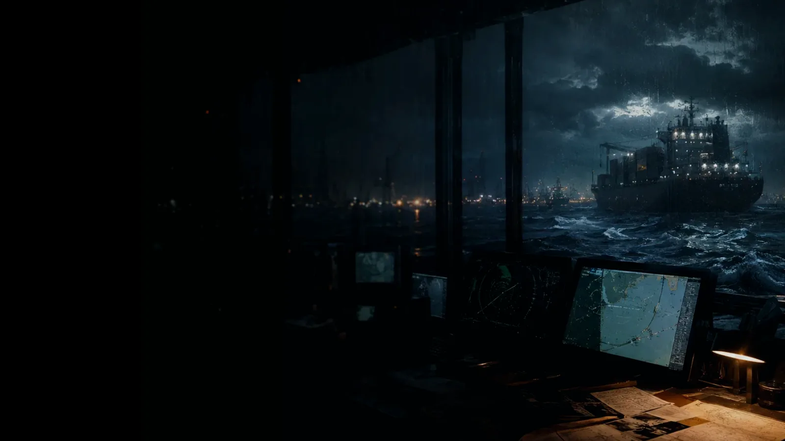 Port and Starboard subtopic background showing container ship and harbour operations under storm light with evidence-board tension