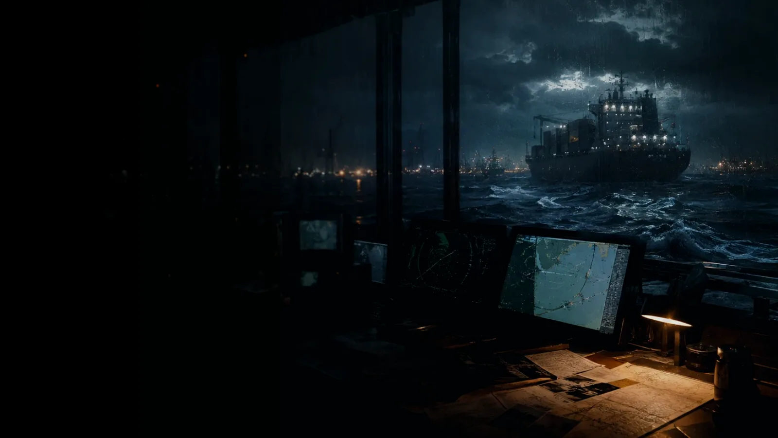 Remote Machinery Control subtopic background showing container ship and harbour operations under storm light with evidence-board tension