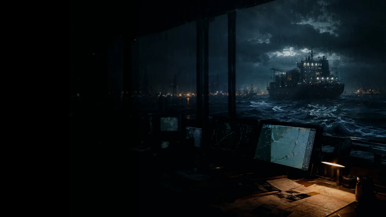 Rudder Angle Indicator subtopic background showing container ship and harbour operations under storm light with evidence-board tension