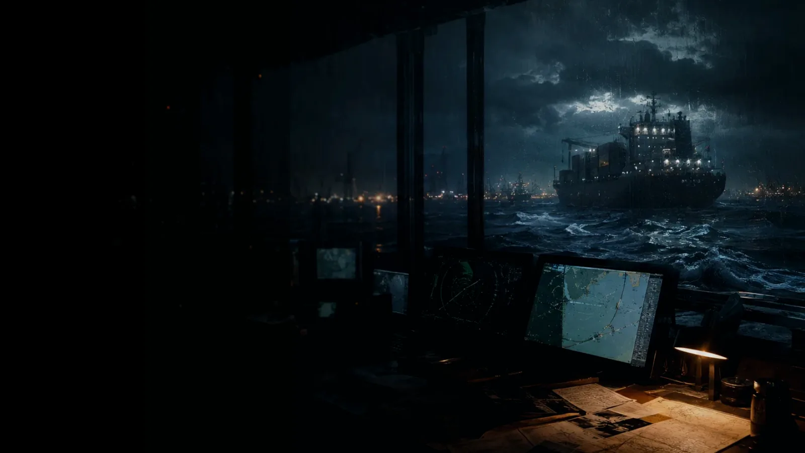Ship Generator subtopic background showing container ship and harbour operations under storm light with evidence-board tension
