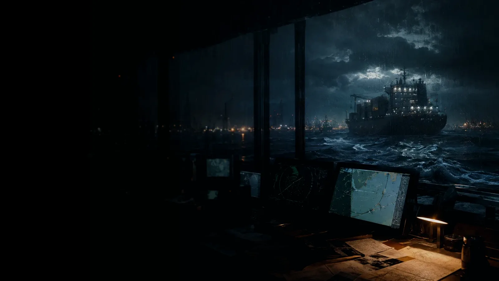 Ship Stability subtopic background showing container ship and harbour operations under storm light with evidence-board tension