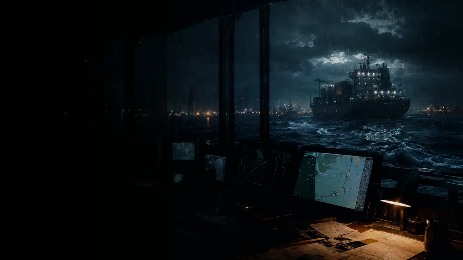 Watertight Compartment subtopic background showing container ship and harbour operations under storm light with evidence-board tension
