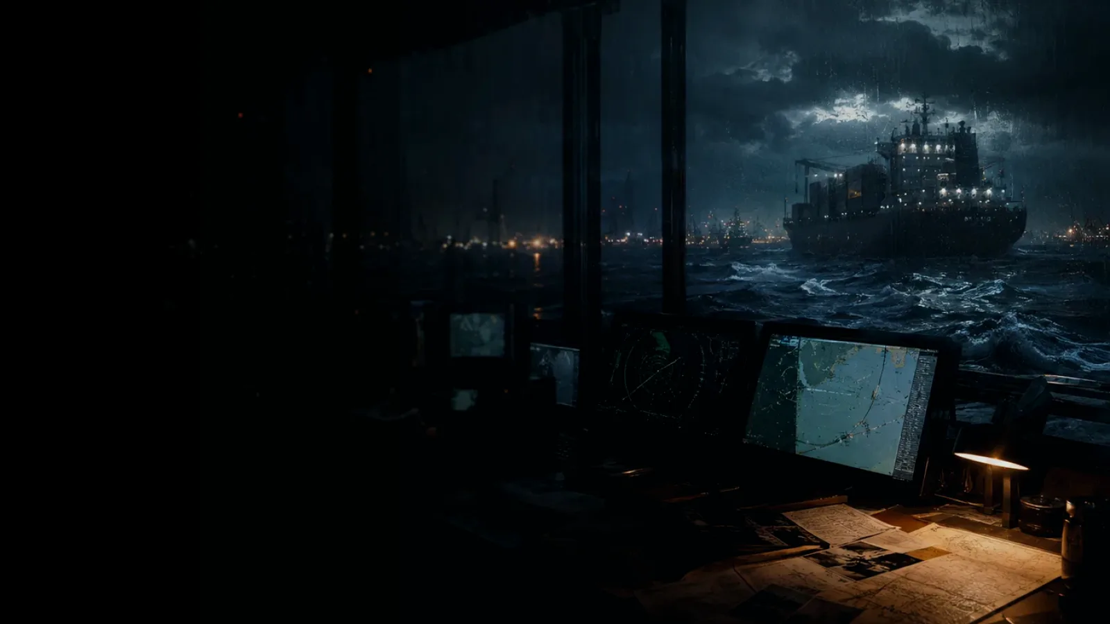 Bulk Carrier subtopic background showing container ship and harbour operations under storm light with evidence-board tension