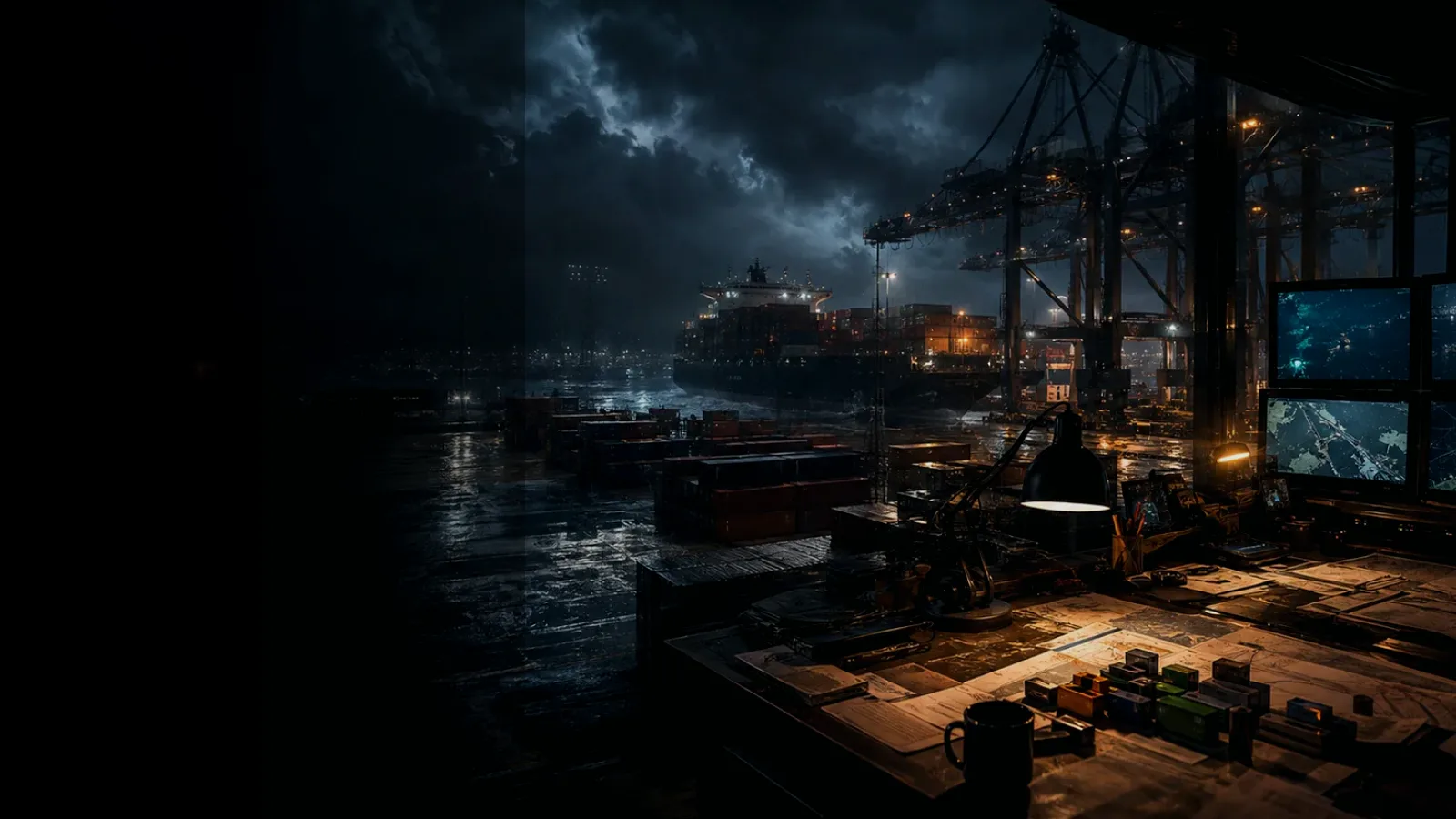 Cargo Ship subtopic background showing wet container terminal, cargo movement, freight records and logistics evidence