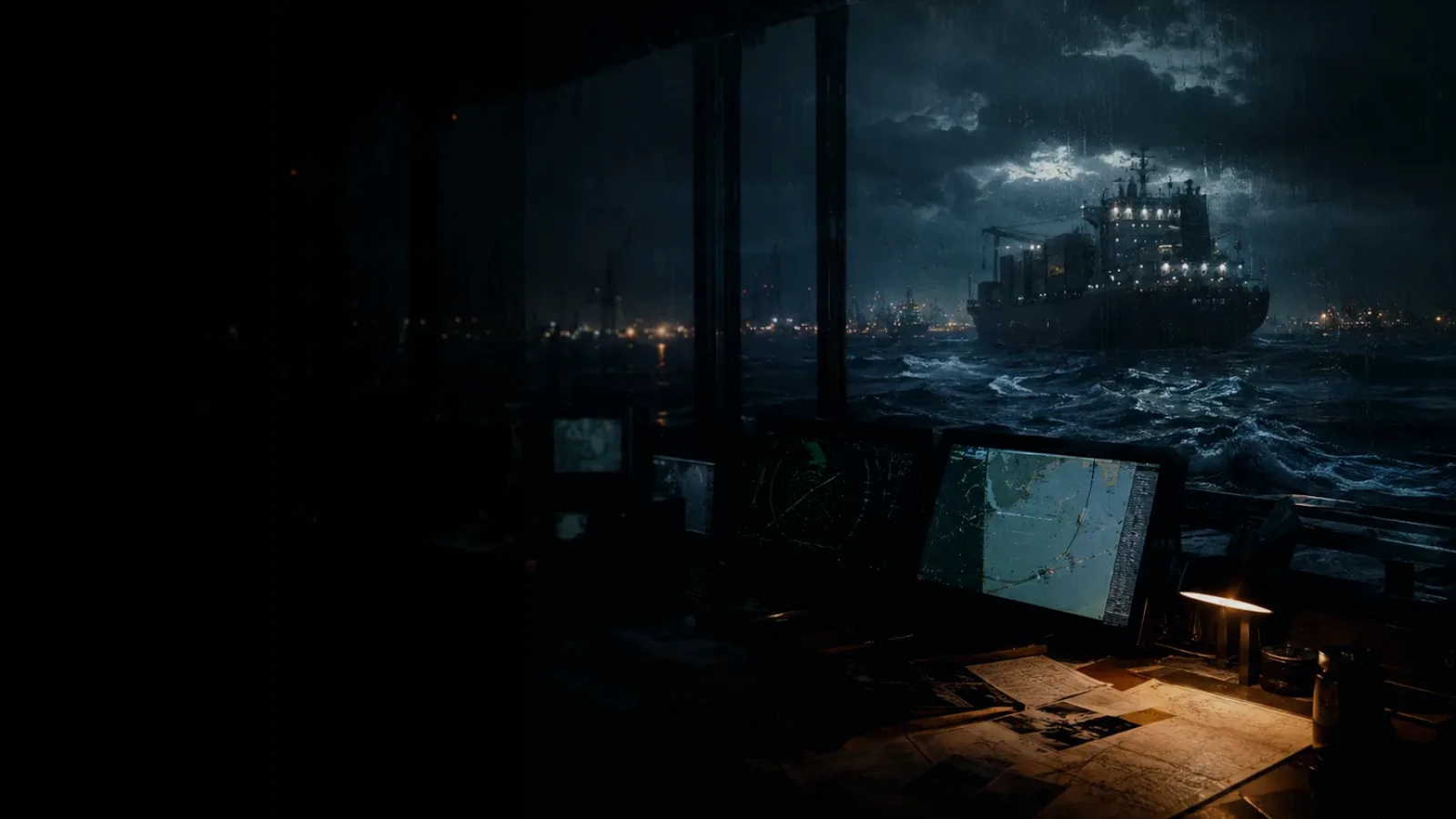 Coastal Freighter subtopic background showing container ship and harbour operations under storm light with evidence-board tension