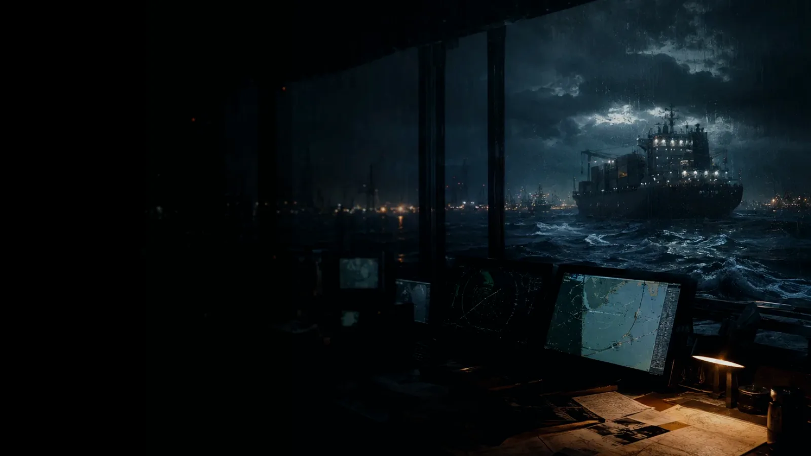 Dark Ship subtopic background showing container ship and harbour operations under storm light with evidence-board tension