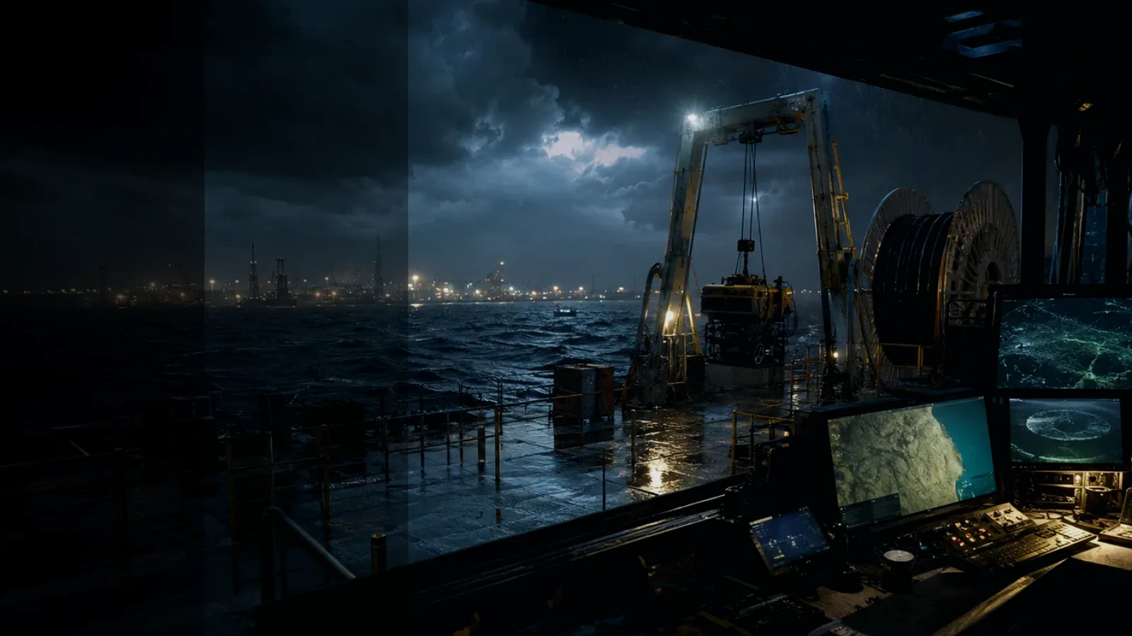 Hydrographic Survey Vessel subtopic background showing subsea operations deck, A-frame launch silhouette, underwater survey grid and cable-route tension