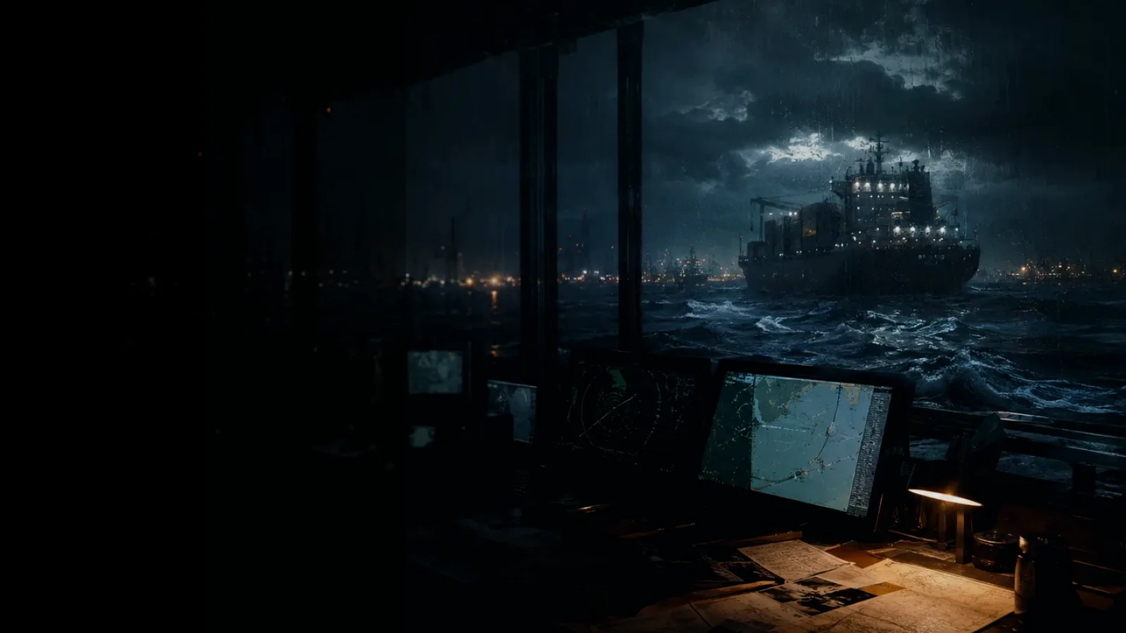 Maritime Piracy subtopic background showing container ship and harbour operations under storm light with evidence-board tension