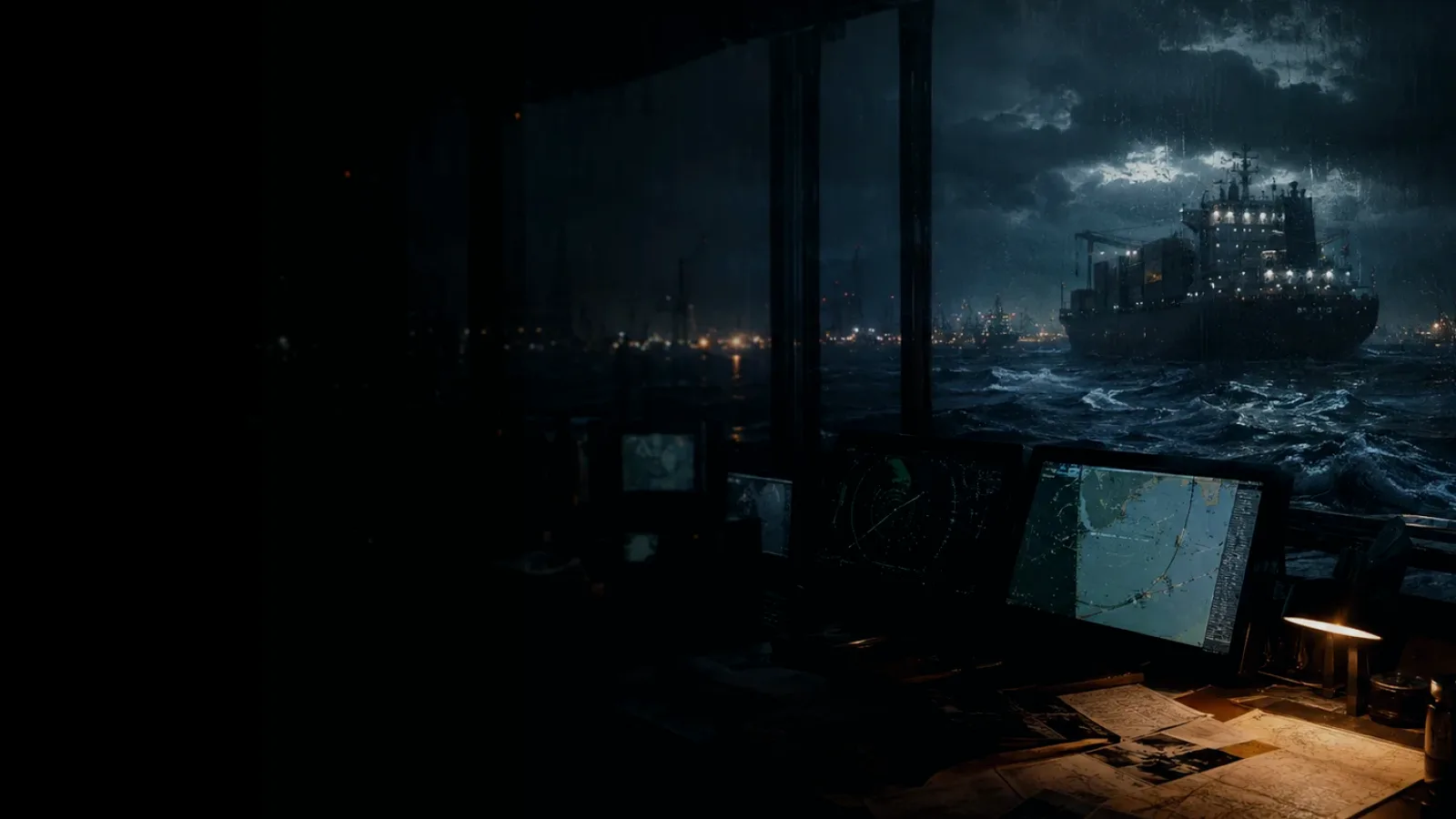 Maritime Terrorism subtopic background showing container ship and harbour operations under storm light with evidence-board tension