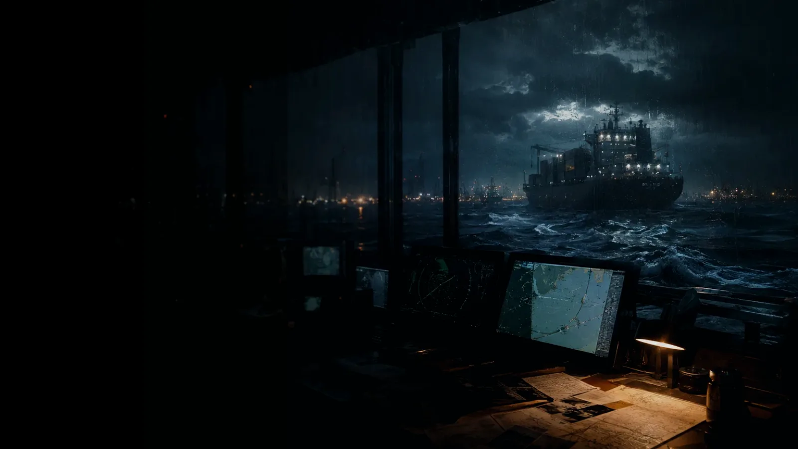 Merchant Ship subtopic background showing container ship and harbour operations under storm light with evidence-board tension