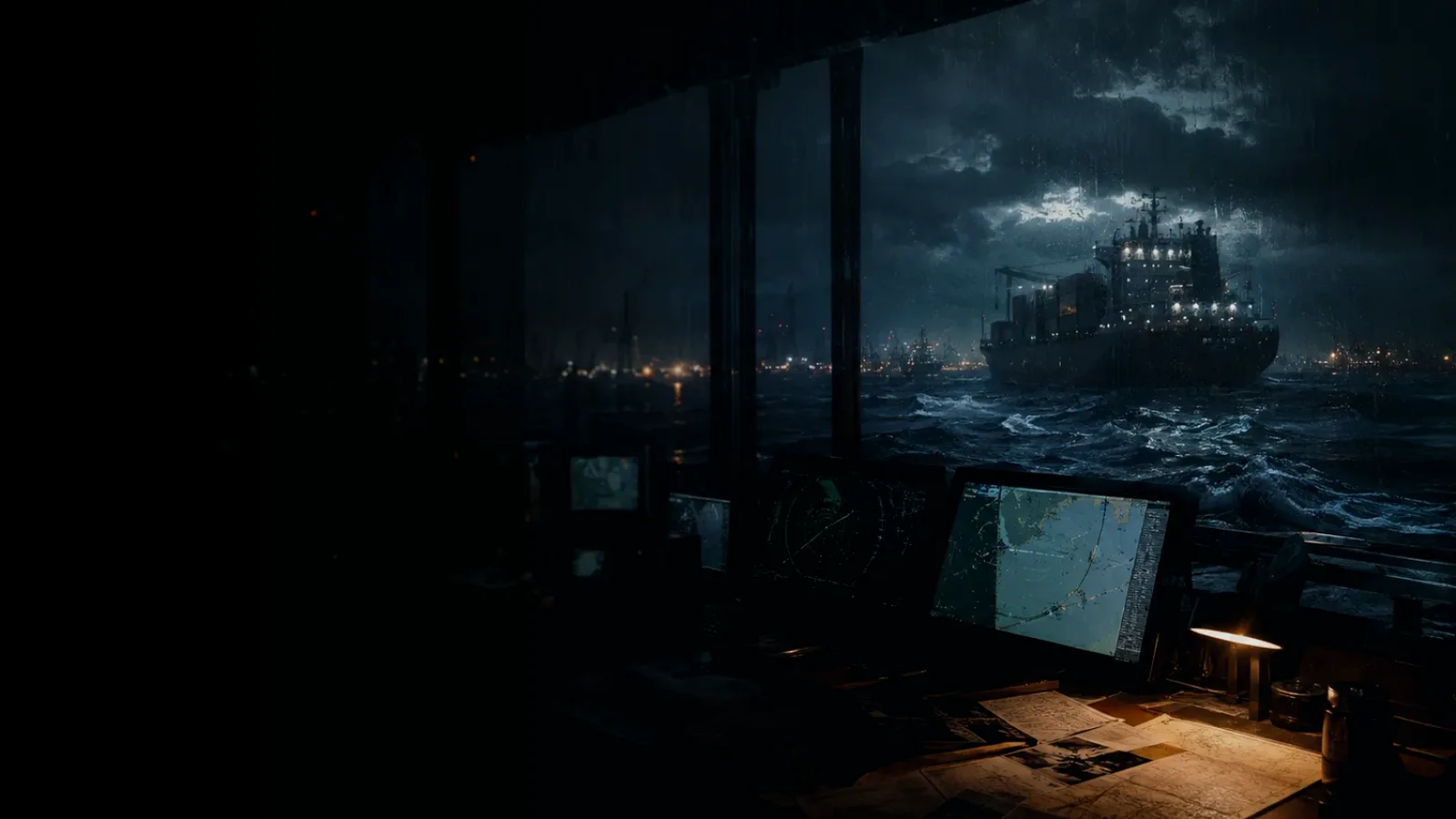 Motor Ship (MS) subtopic background showing container ship and harbour operations under storm light with evidence-board tension