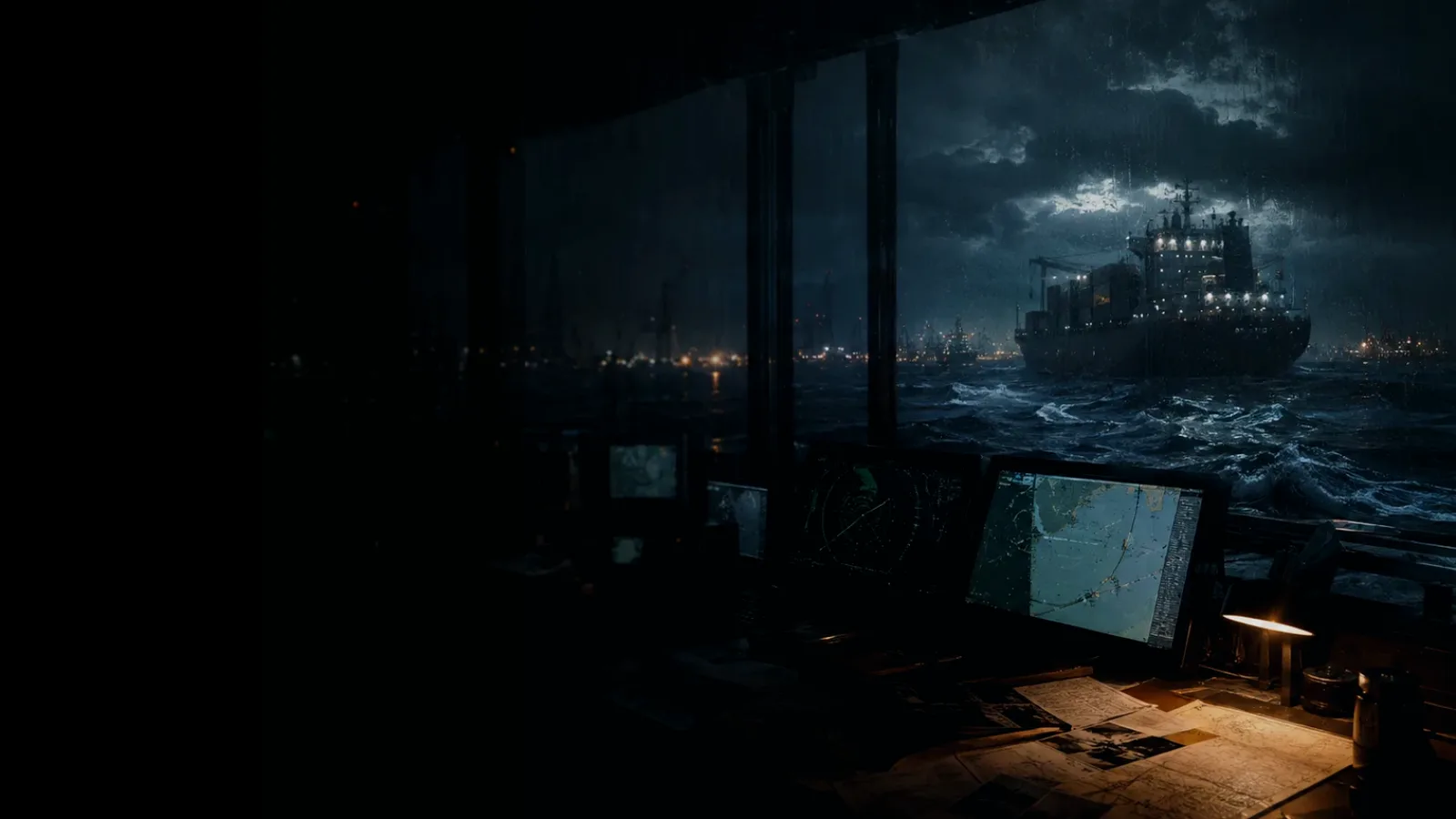 Motor Vessel (MV) subtopic background showing container ship and harbour operations under storm light with evidence-board tension