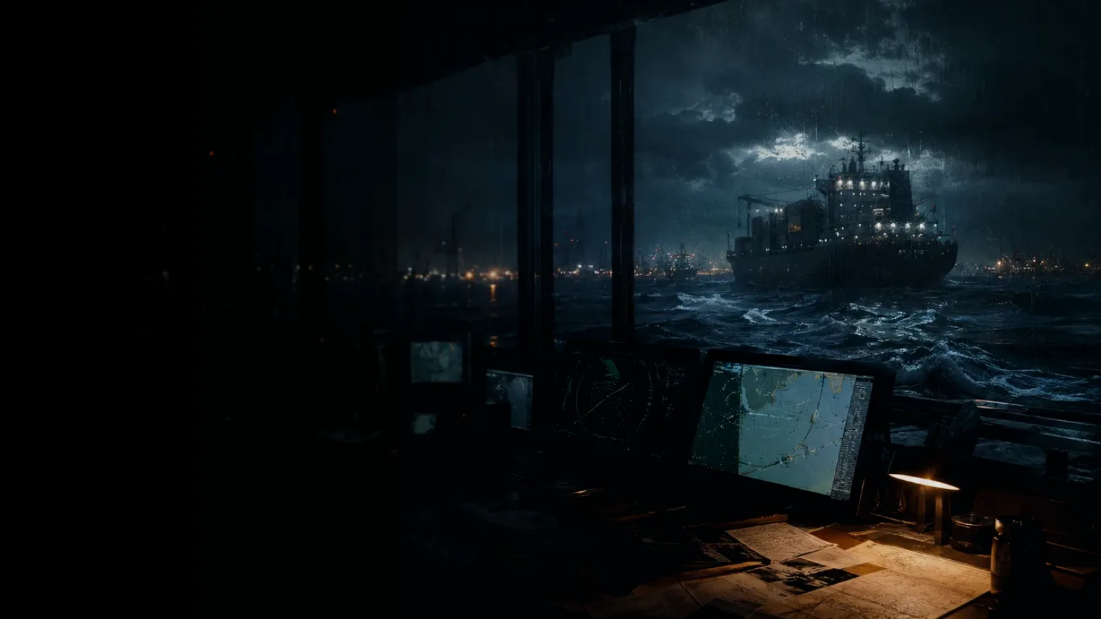 Naval Auxiliary subtopic background showing container ship and harbour operations under storm light with evidence-board tension