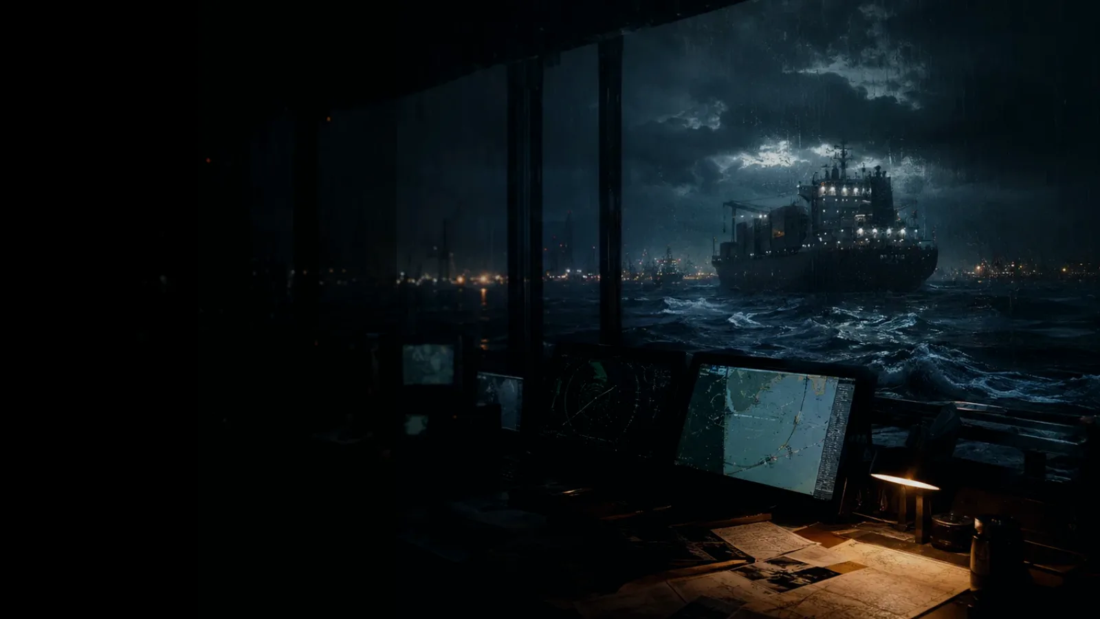 Naval Support Vessel subtopic background showing container ship and harbour operations under storm light with evidence-board tension