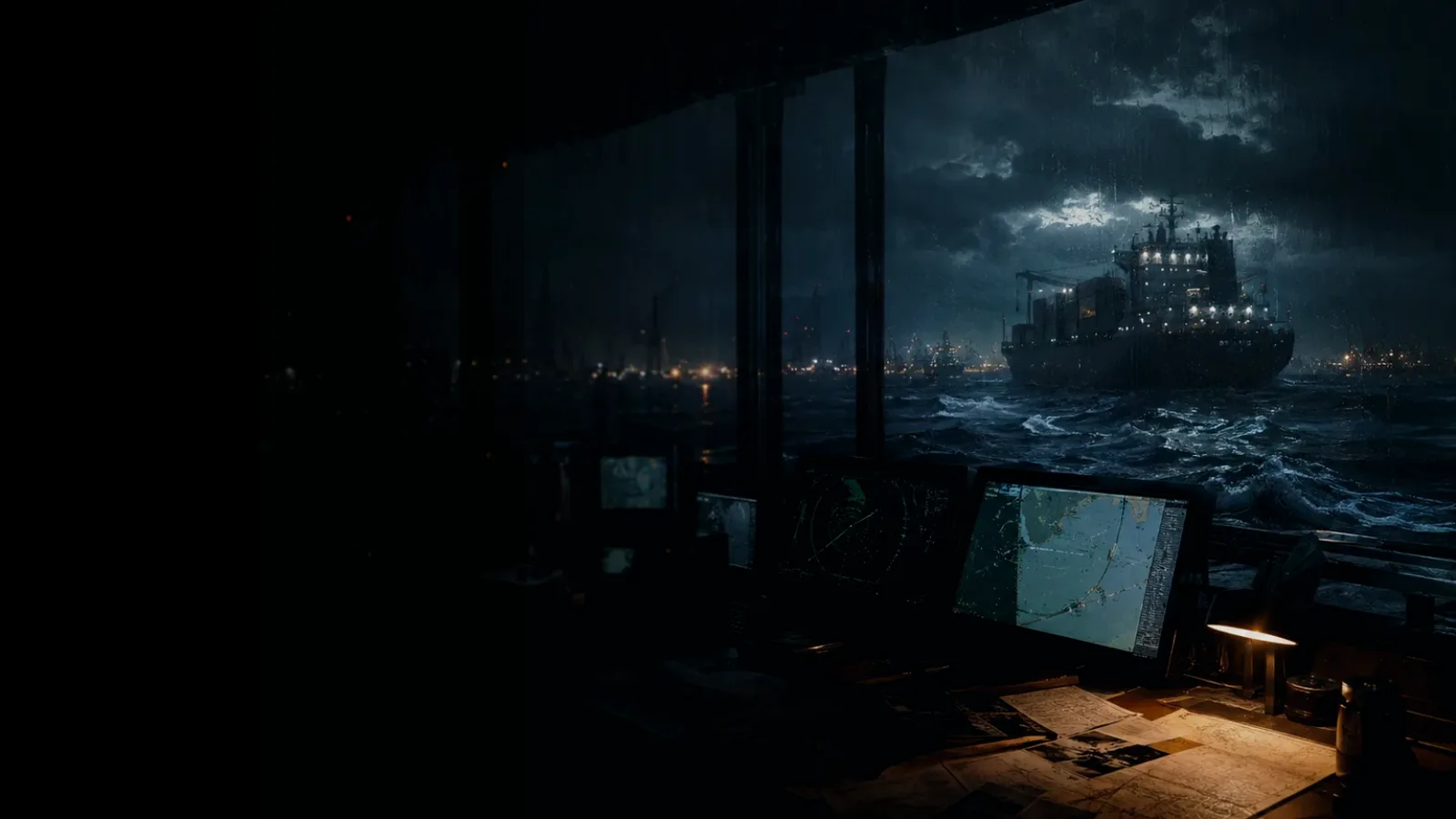 Oil Tanker subtopic background showing container ship and harbour operations under storm light with evidence-board tension