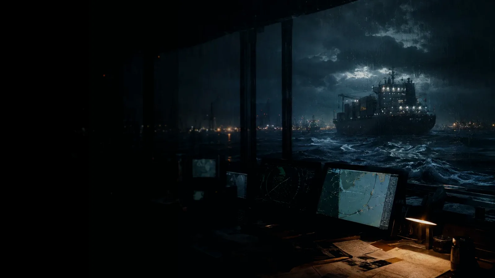 Passenger Ferry subtopic background showing container ship and harbour operations under storm light with evidence-board tension