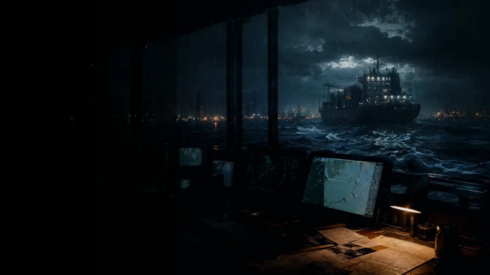 Patrol Vessel subtopic background showing container ship and harbour operations under storm light with evidence-board tension