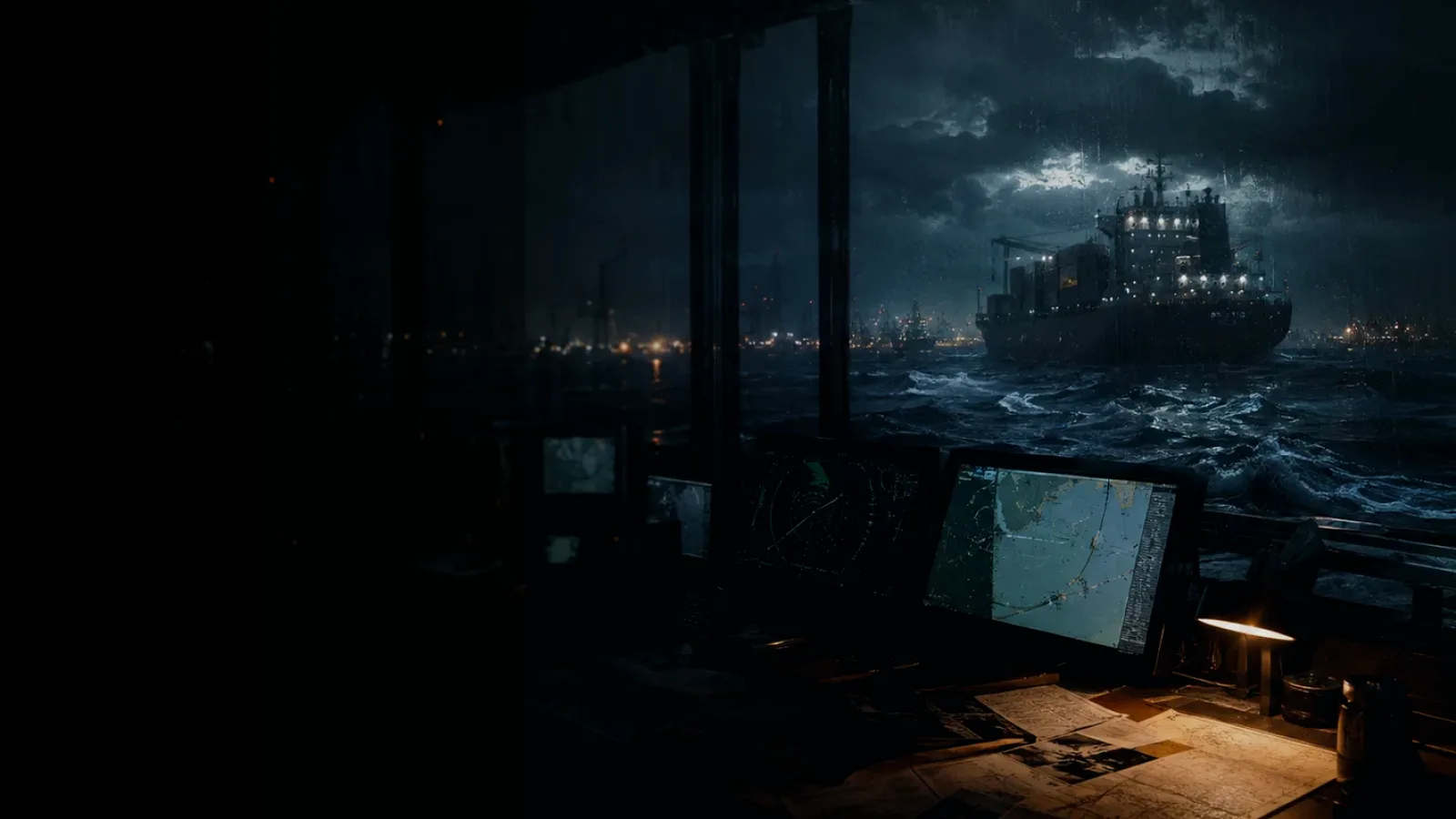 Pilot Cutter subtopic background showing container ship and harbour operations under storm light with evidence-board tension