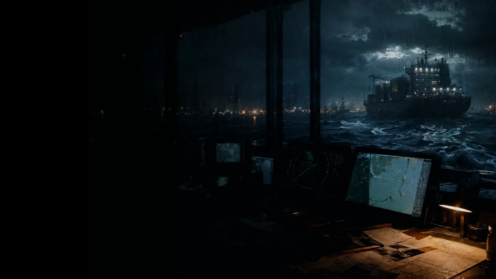 Support Craft subtopic background showing container ship and harbour operations under storm light with evidence-board tension