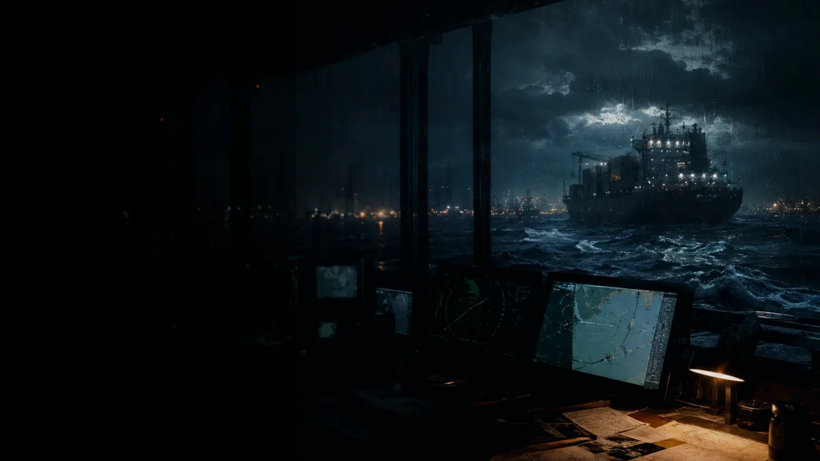 Survey Vessel subtopic background showing container ship and harbour operations under storm light with evidence-board tension