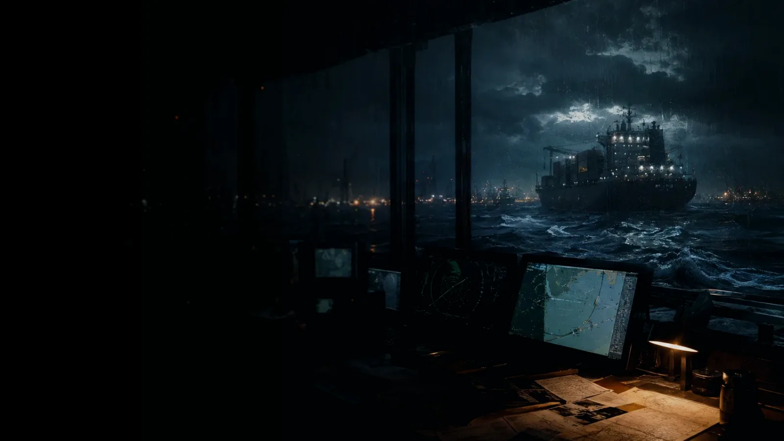 Workboat subtopic background showing container ship and harbour operations under storm light with evidence-board tension