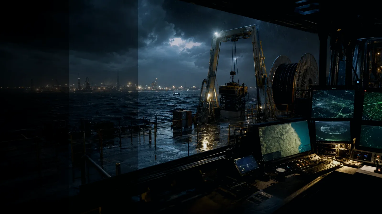 A-Frame Launch System subtopic background showing subsea operations deck, A-frame launch silhouette, underwater survey grid and cable-route tension