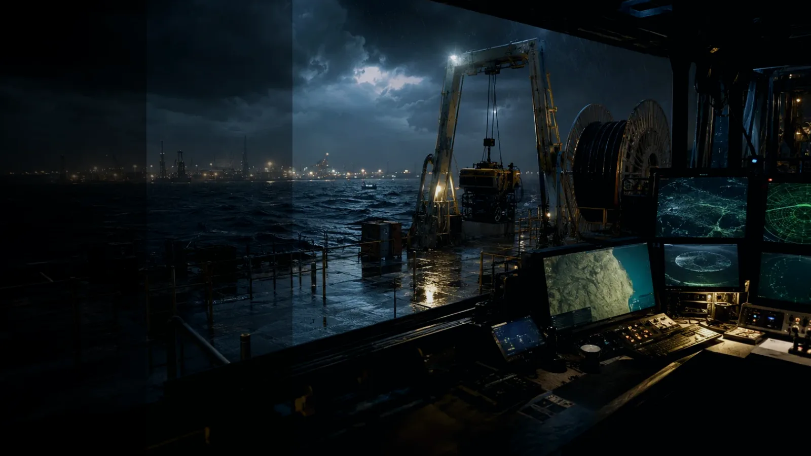 Cable Condition Monitor subtopic background showing subsea operations deck, A-frame launch silhouette, underwater survey grid and cable-route tension