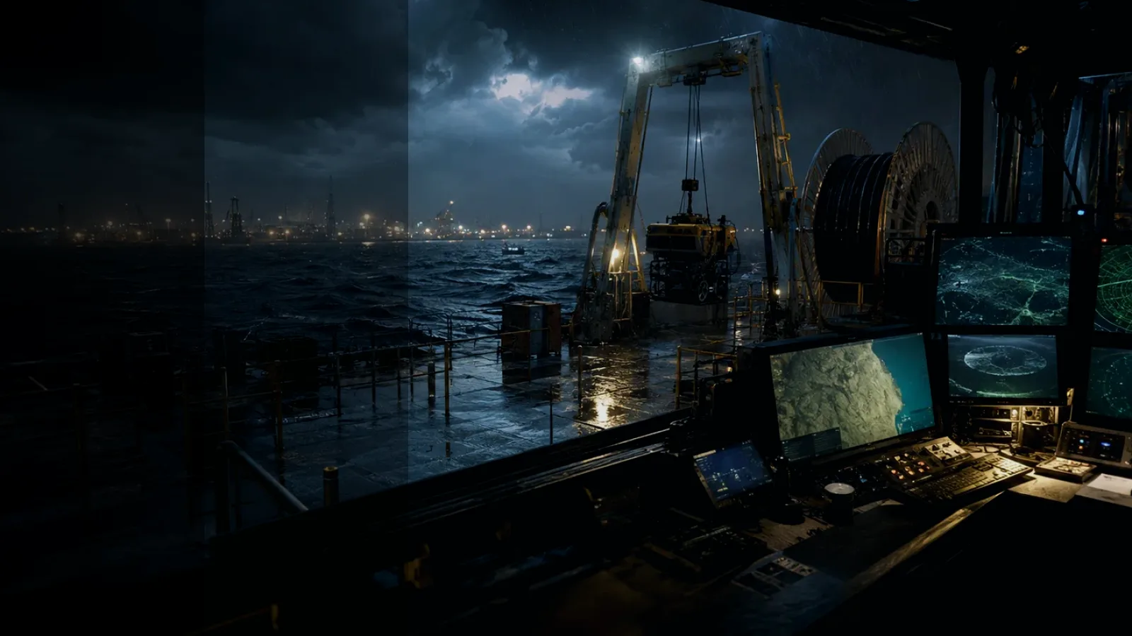 Cable Inspection subtopic background showing subsea operations deck, A-frame launch silhouette, underwater survey grid and cable-route tension