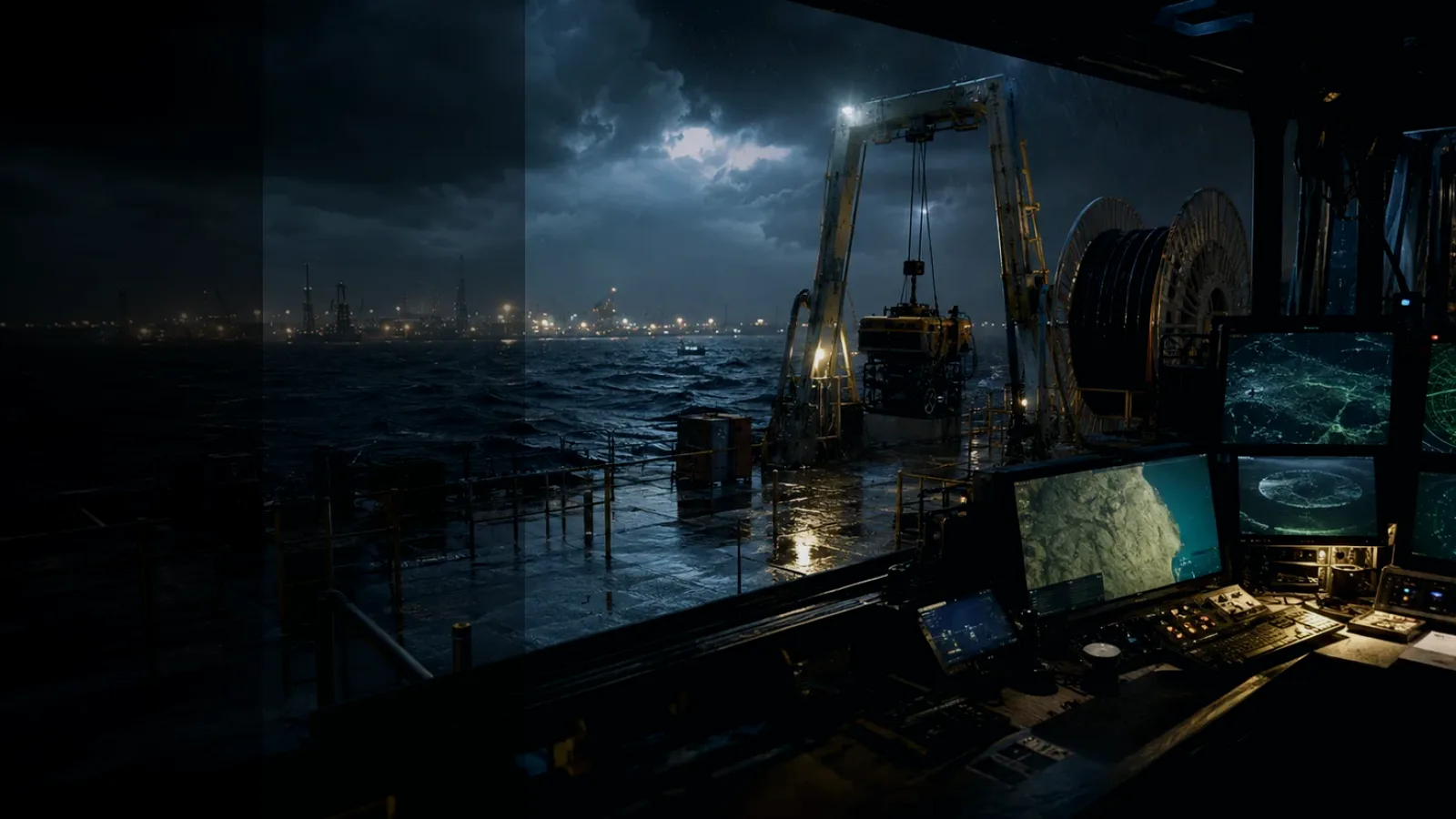 Cable Maintenance subtopic background showing subsea operations deck, A-frame launch silhouette, underwater survey grid and cable-route tension