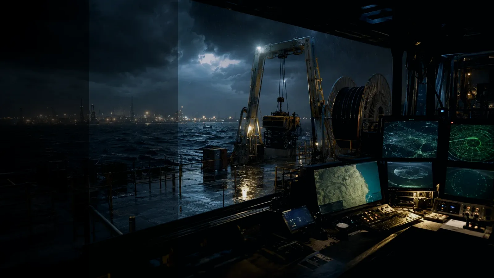 Cable Route subtopic background showing subsea operations deck, A-frame launch silhouette, underwater survey grid and cable-route tension