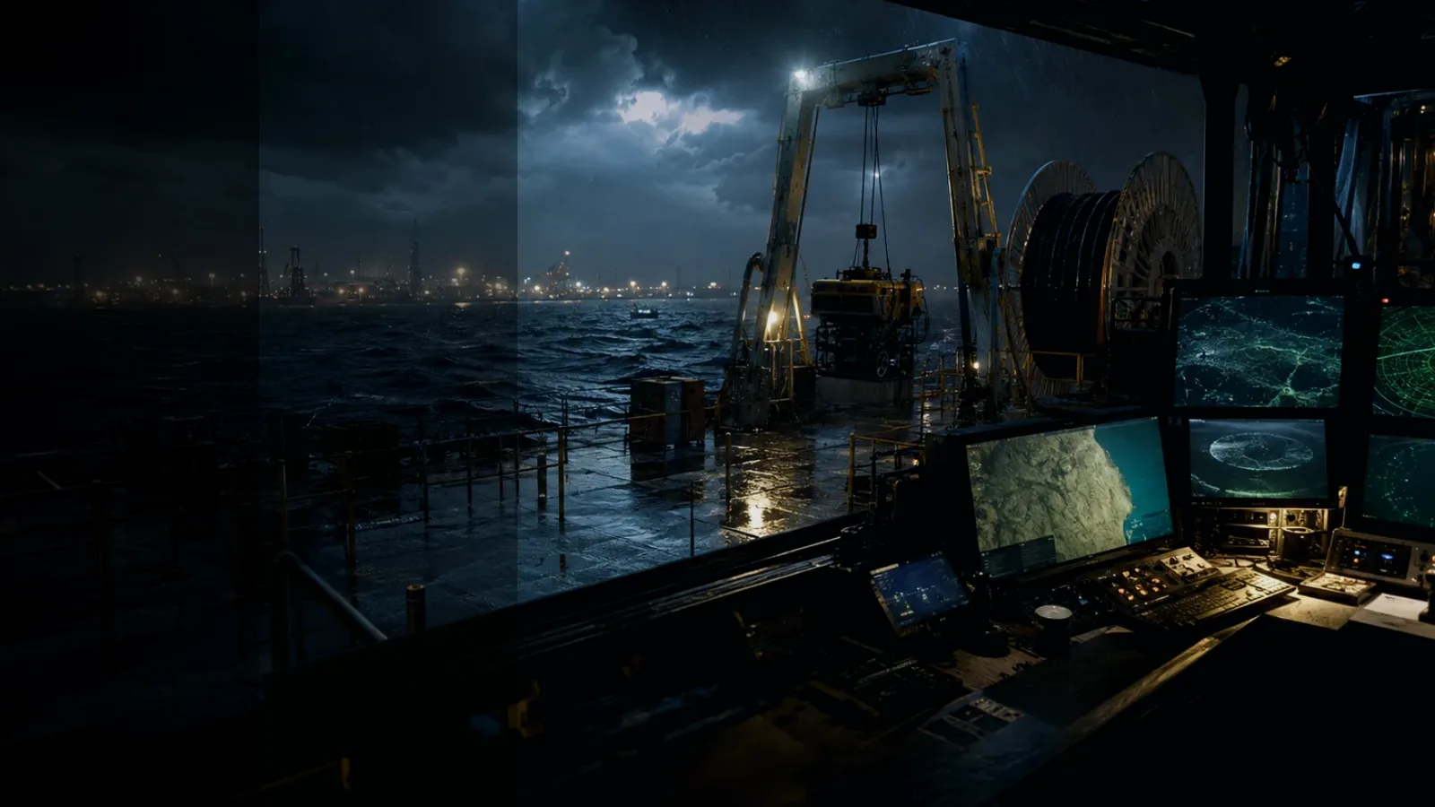 Cable Trench subtopic background showing subsea operations deck, A-frame launch silhouette, underwater survey grid and cable-route tension