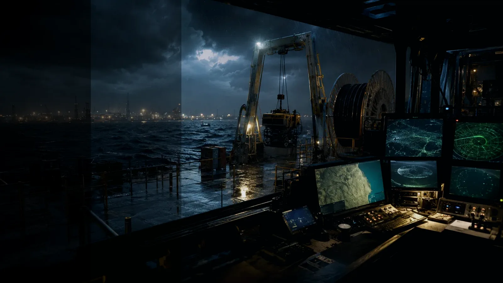 Echo Sounder subtopic background showing subsea operations deck, A-frame launch silhouette, underwater survey grid and cable-route tension