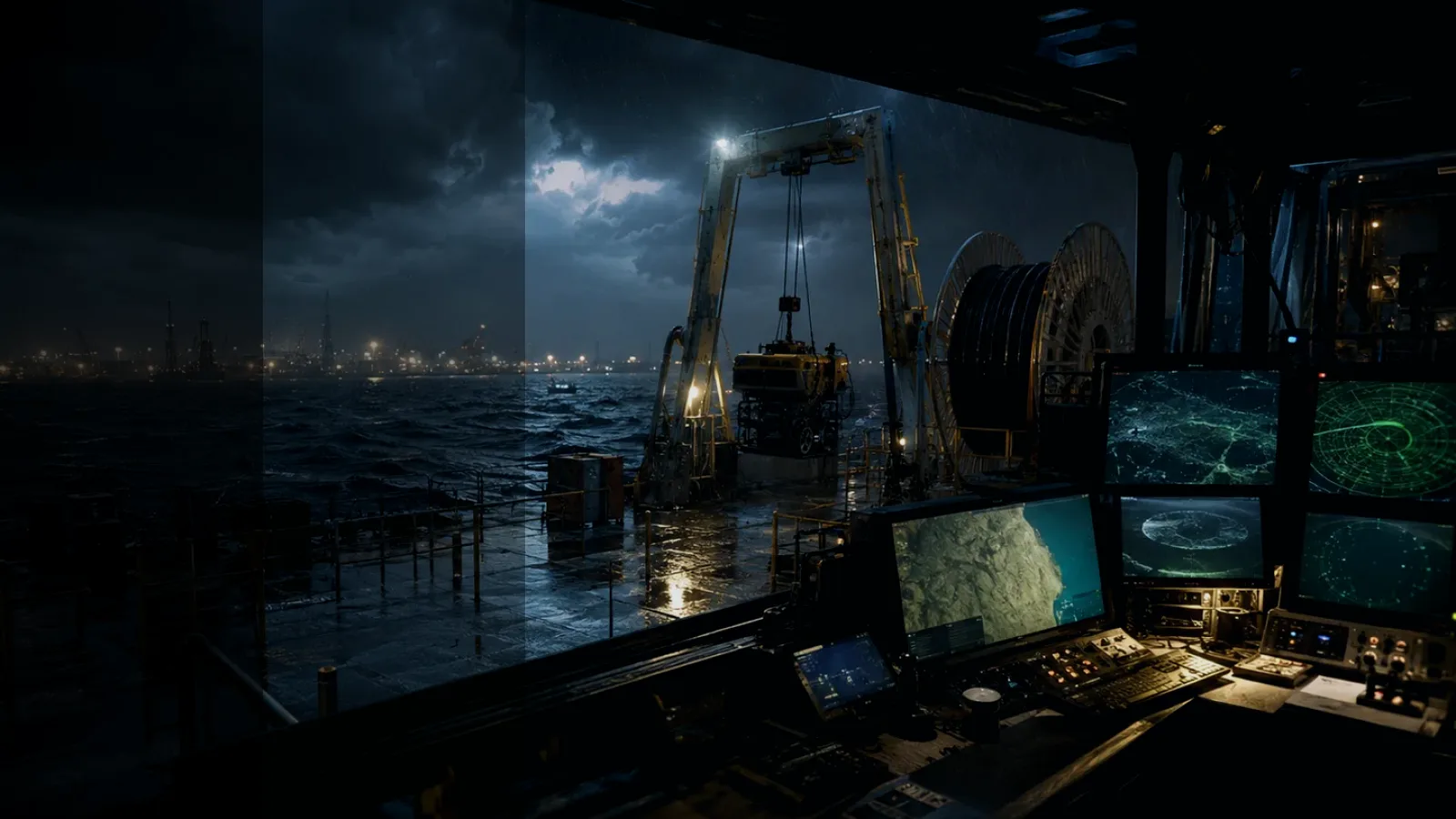 Hydrographic Survey subtopic background showing subsea operations deck, A-frame launch silhouette, underwater survey grid and cable-route tension