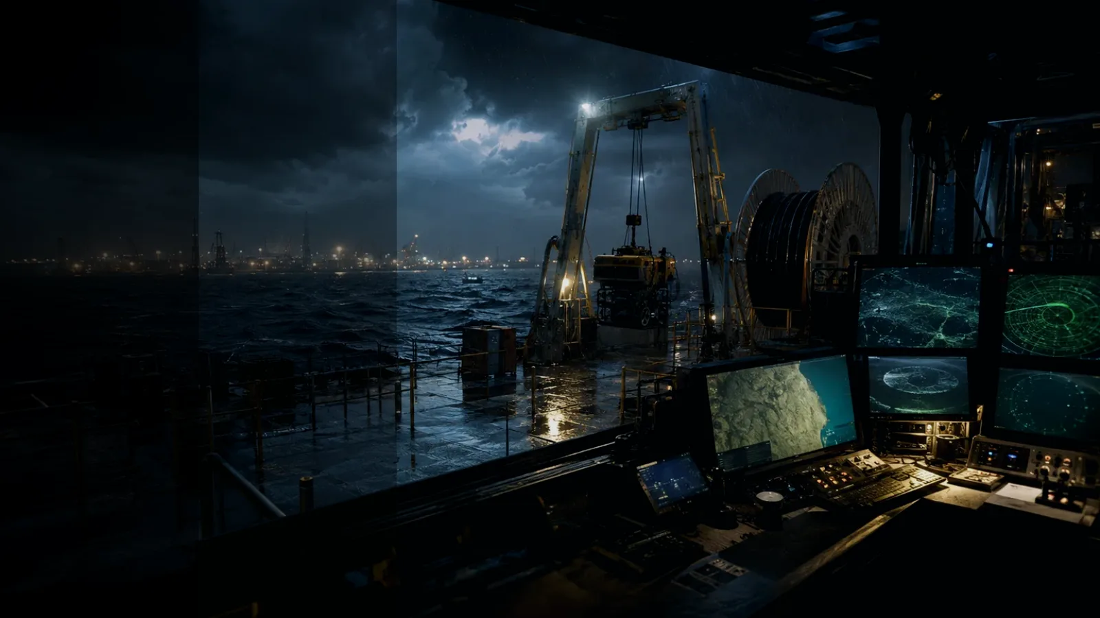 Mooring Chain subtopic background showing subsea operations deck, A-frame launch silhouette, underwater survey grid and cable-route tension
