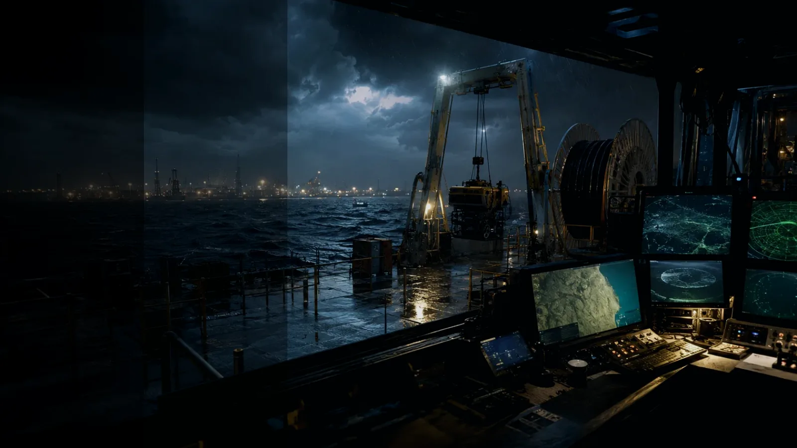 Multibeam Sonar subtopic background showing subsea operations deck, A-frame launch silhouette, underwater survey grid and cable-route tension