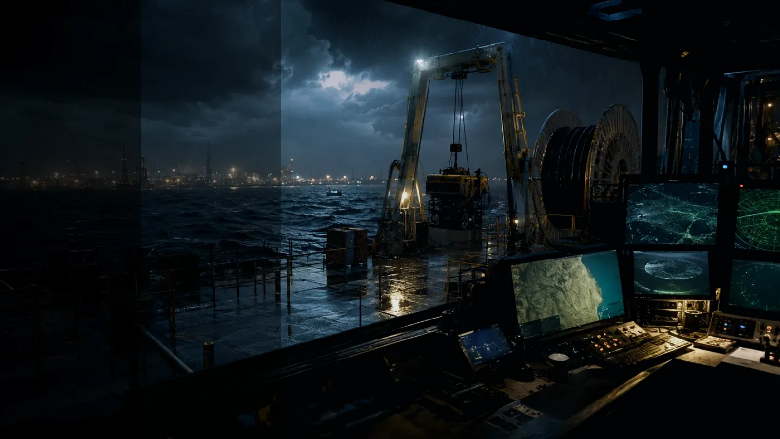 Navigation Buoy subtopic background showing subsea operations deck, A-frame launch silhouette, underwater survey grid and cable-route tension