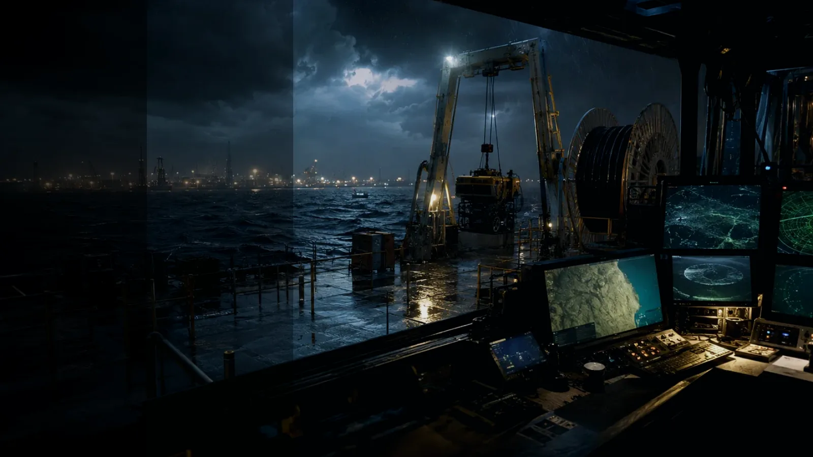 Navigation Float subtopic background showing subsea operations deck, A-frame launch silhouette, underwater survey grid and cable-route tension