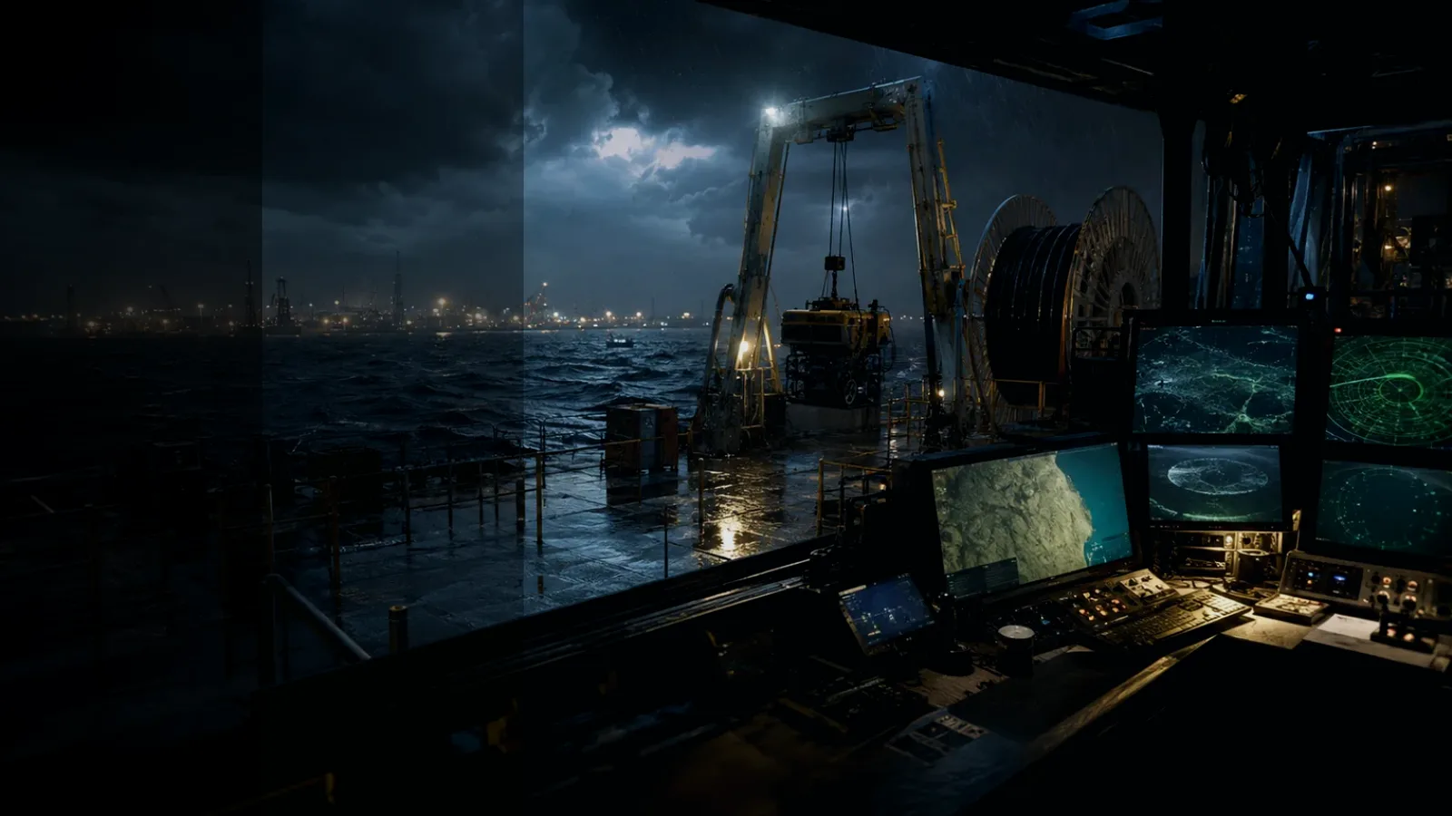 Passive Cable Receiver subtopic background showing subsea operations deck, A-frame launch silhouette, underwater survey grid and cable-route tension