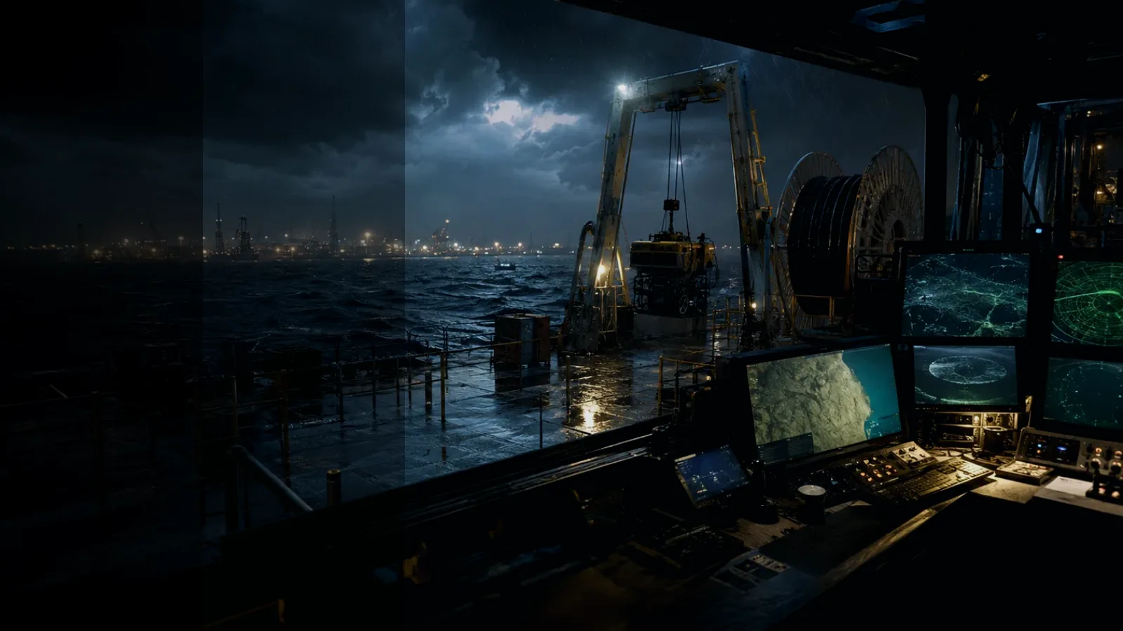 Remotely Operated Vehicle (ROV) subtopic background showing subsea operations deck, A-frame launch silhouette, underwater survey grid and cable-route tension