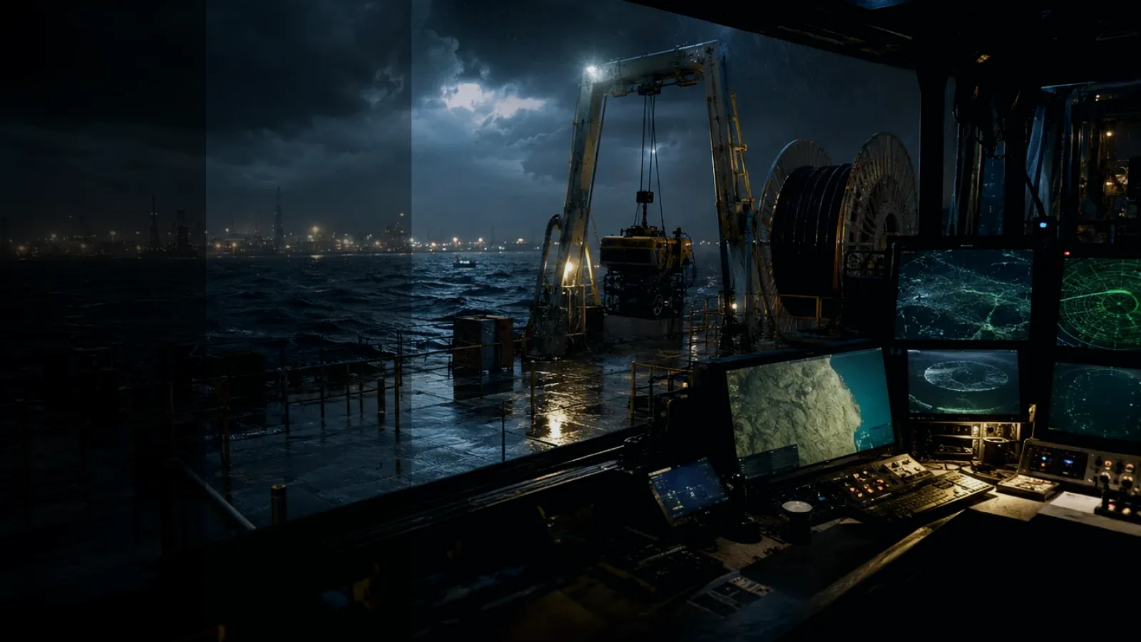 ROV vs Sonar subtopic background showing subsea operations deck, A-frame launch silhouette, underwater survey grid and cable-route tension