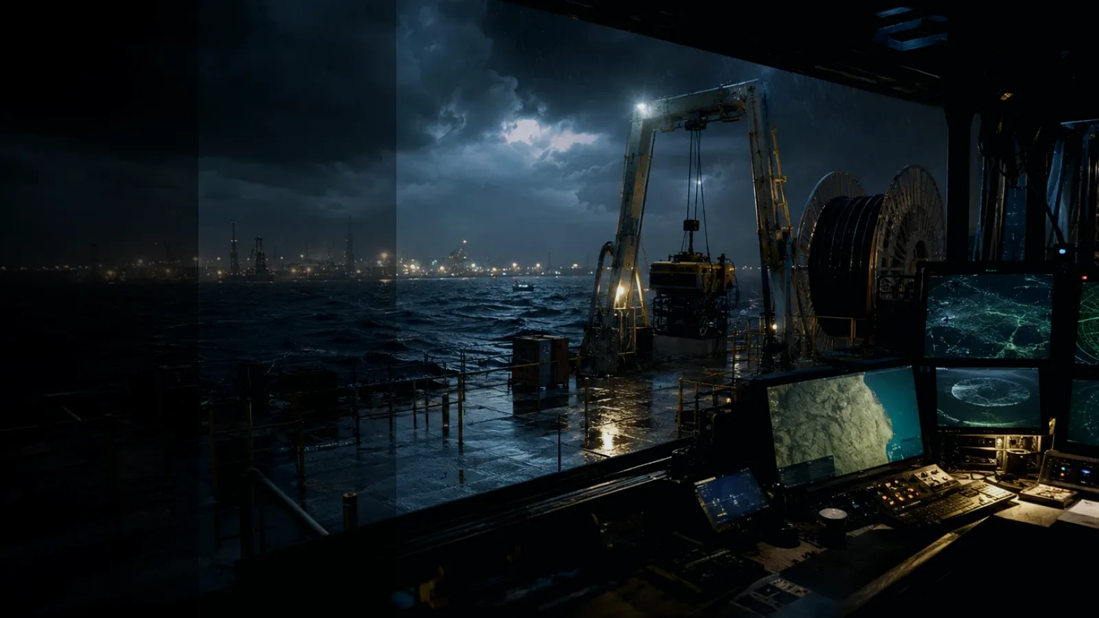 Seabed Depth Survey subtopic background showing subsea operations deck, A-frame launch silhouette, underwater survey grid and cable-route tension