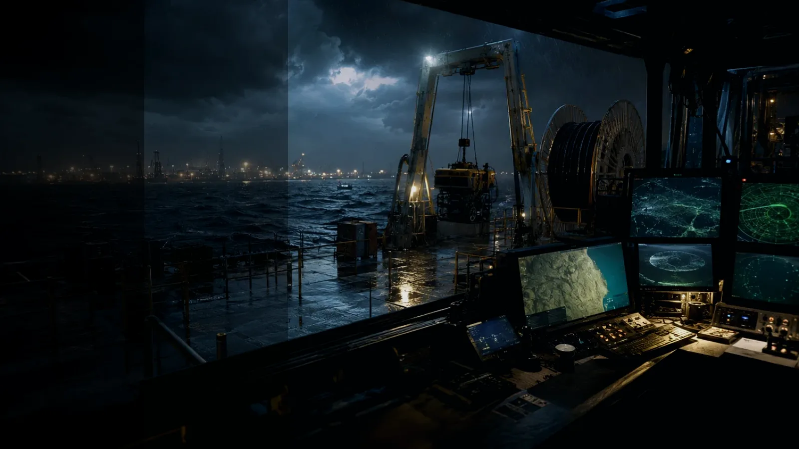 Seabed Mapping subtopic background showing subsea operations deck, A-frame launch silhouette, underwater survey grid and cable-route tension